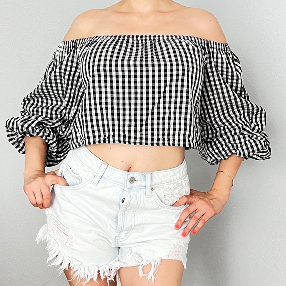 Black Gingham Puff Sleeve Crop Top - Kapri